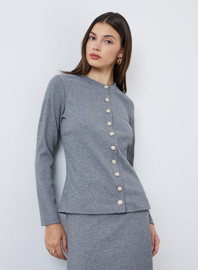 Styli Grey Ribbed Knit Buttoned Top - Image 1